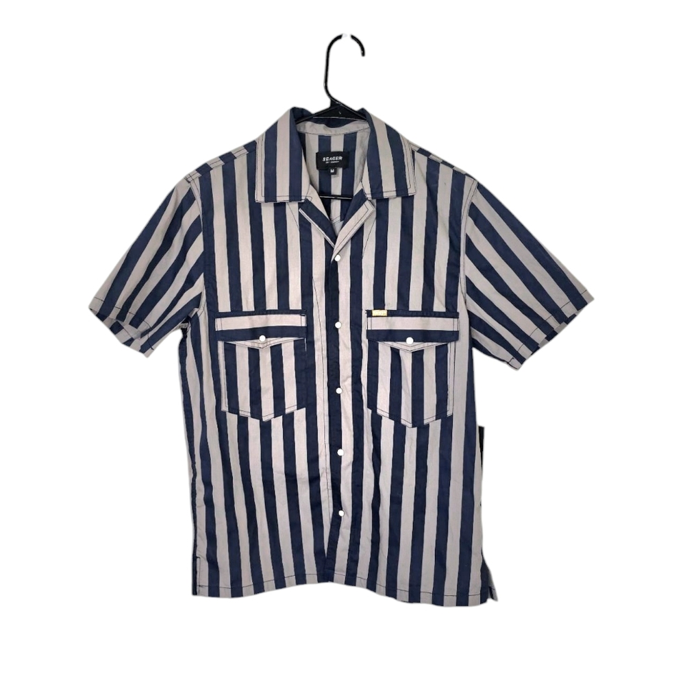 Seager Navy and White Vertical Stripe Short Sleeve Button-Down Shirt